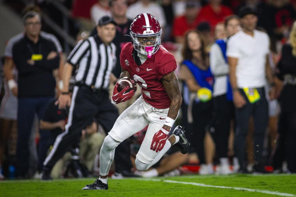 Sep 28, 2024; Tuscaloosa, Alabama, USA; Alabama Crimson Tide wide receiver Ryan Williams (2) runs against the Georgia Bulldogs during the first quarter at Bryant-Denny Stadium. Mandatory Credit: Will McLelland-Imagn Images