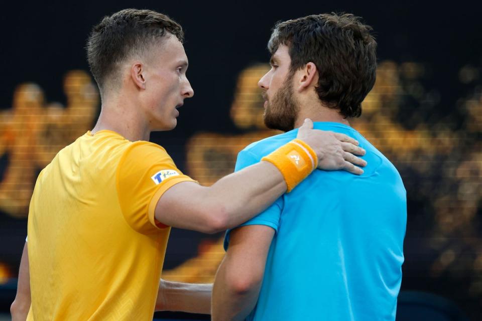 Cameron Norrie, right, shakes hands with Jiri Lehecka (Asanka Brendon Ratnayake/AP) (AP)