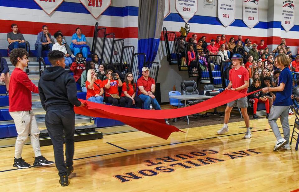 The school gymnasium’s court at Veterans Memorial Middle School in Columbus, Georgia was dedicated in honor of Coach Jay Wilson during a ceremony Wednesday afternoon. 01/24/2024  