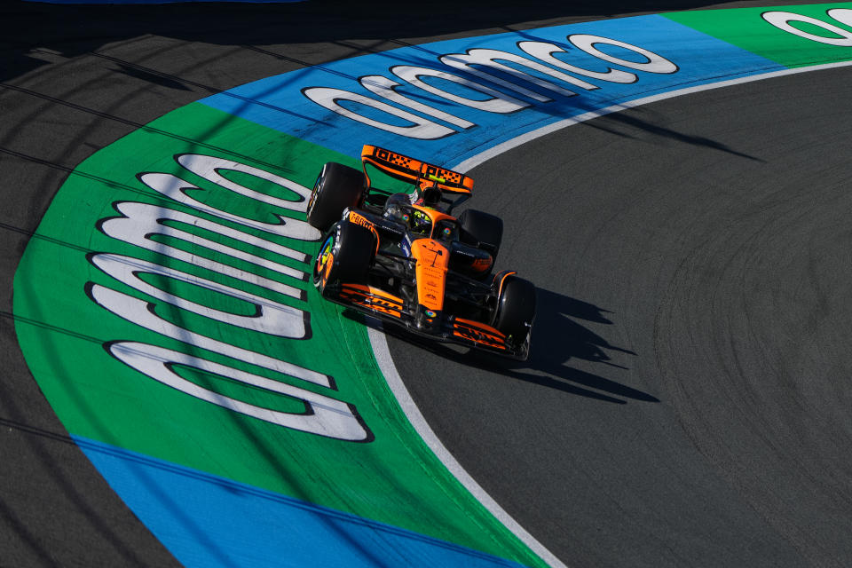 ZANDVOORT, NETHERLANDS - AUGUST 25: Lando Norris of Great Britain driving the (4) McLaren MCL38 Mercedes on track during the F1 Grand Prix of Netherlands at Circuit Zandvoort on August 25, 2024 in Zandvoort, Netherlands. (Photo by Alex Bierens de Haan/Getty Images)