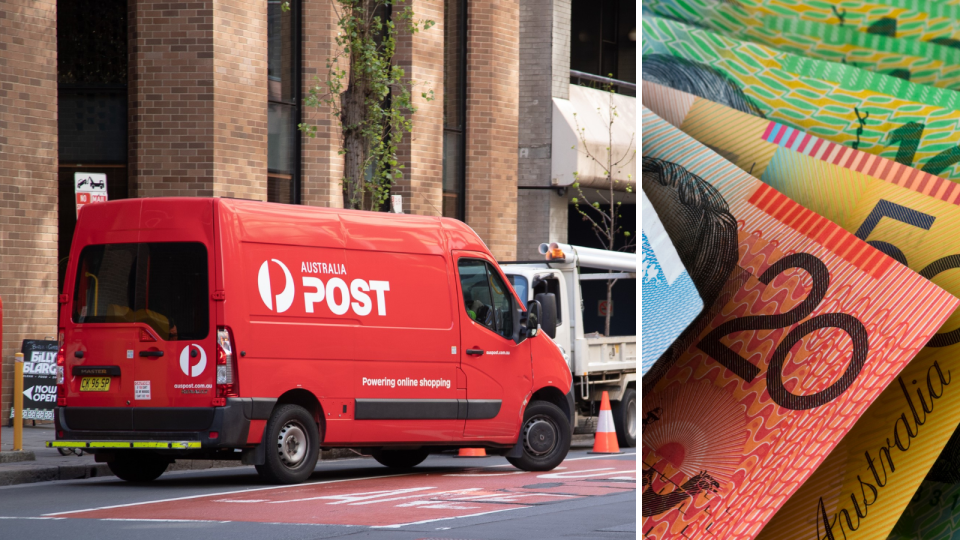 Australia Post delivery van. Australian money. Lost packages costing Aussies concept.