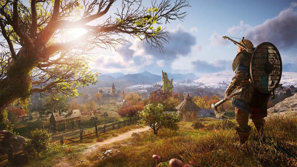 Screenshot of Assassin's creed valhalla showing a viking on a british landscape