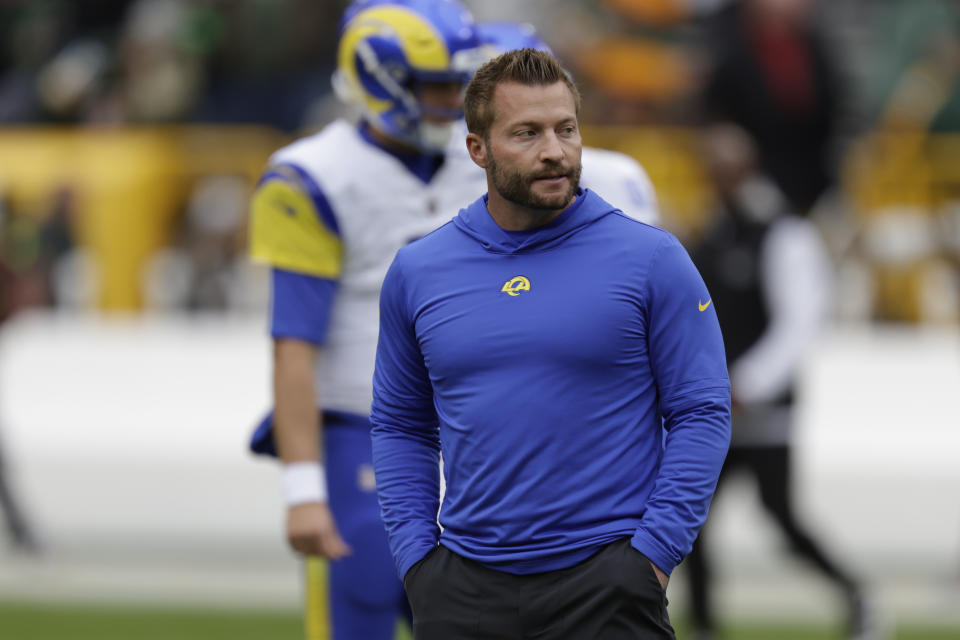 Los Angeles Rams head coach Sean McVay stands on the field before an NFL football game against the Green Bay Packers, Sunday, Nov. 5, 2023, in Green Bay, Wis. (AP Photo/Matt Ludtke)