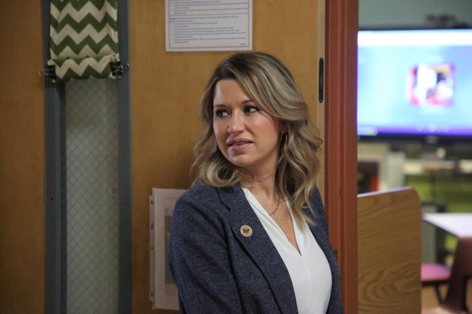 New Mexico state Senator Crystal Diamond, R-Elephant Butte, is seen during a tour of the Deming Cesar Chavez Charter High School in Deming, N.M. on Tuesday, March 8, 2022.