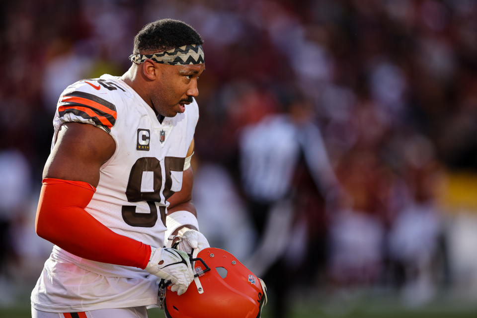 LANDOVER, MD - JANUARY 01: Myles Garrett #95 of the Cleveland Browns looks on against the Washington Commanders during the first half of the game at FedExField on January 1, 2023 in Landover, Maryland. (Photo by Scott Taetsch/Getty Images)