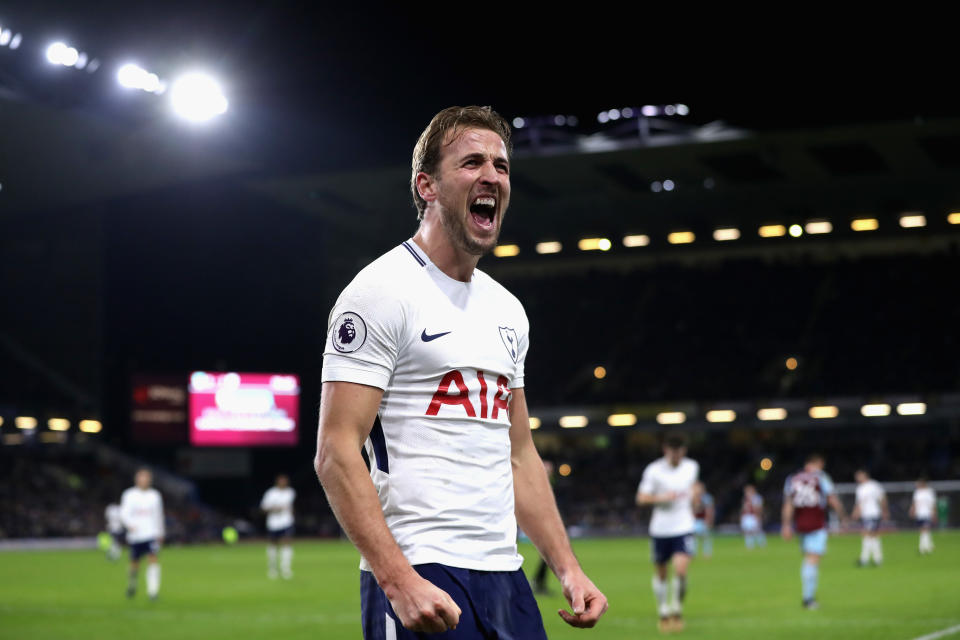 Harry Kane celebrates one of his three goals against Burnley on Saturday. (Getty)