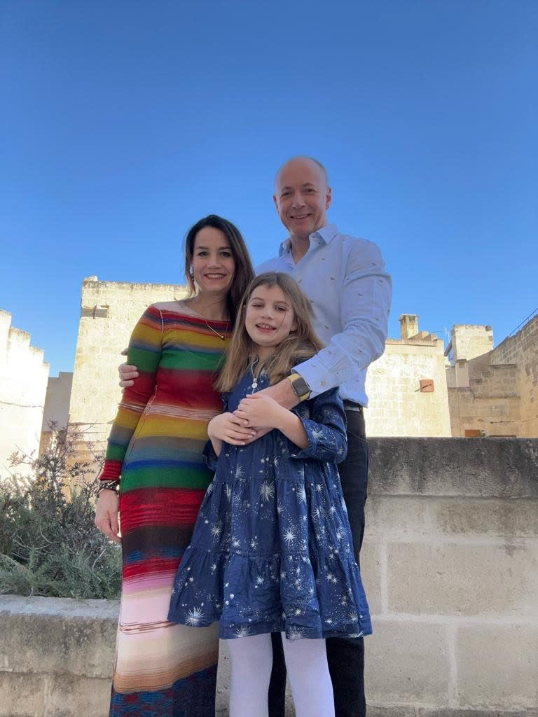 Sarah Stevenson with her husband James and their daughter Luna in Italy, Christmas 2023. (Supplied)