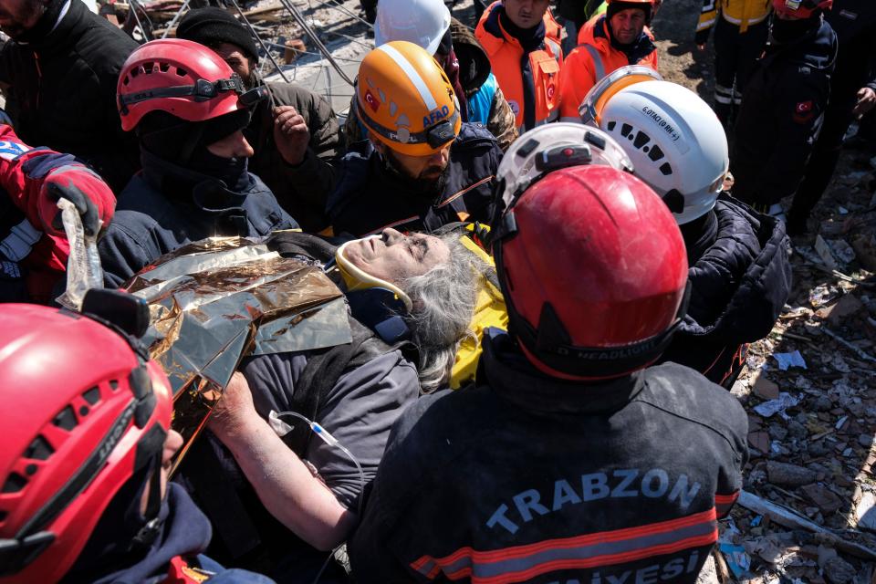 Earthquake victim Arife Koc (68) was evacuated alive by rescue teams, some 80 hours after the earthquake on Feb. 9, 2023, in Elbistan, Turkey. A 7.8-magnitude earthquake hit near Gaziantep, Turkey, in the early hours of Monday, followed by another 7.5-magnitude tremor just after midday. The quakes caused widespread destruction in southern Turkey and northern Syria and were felt in nearby countries.