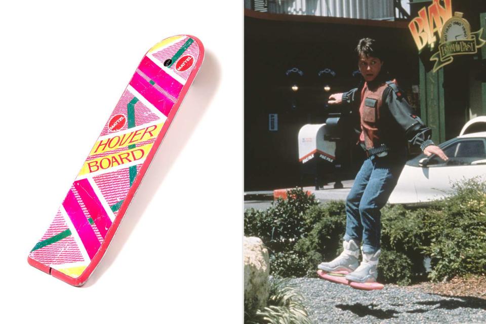 <p>Michael Simon; Amblin/Universal/Kobal/Shutterstock</p> Michael J. Fox riding a hoverboard in 