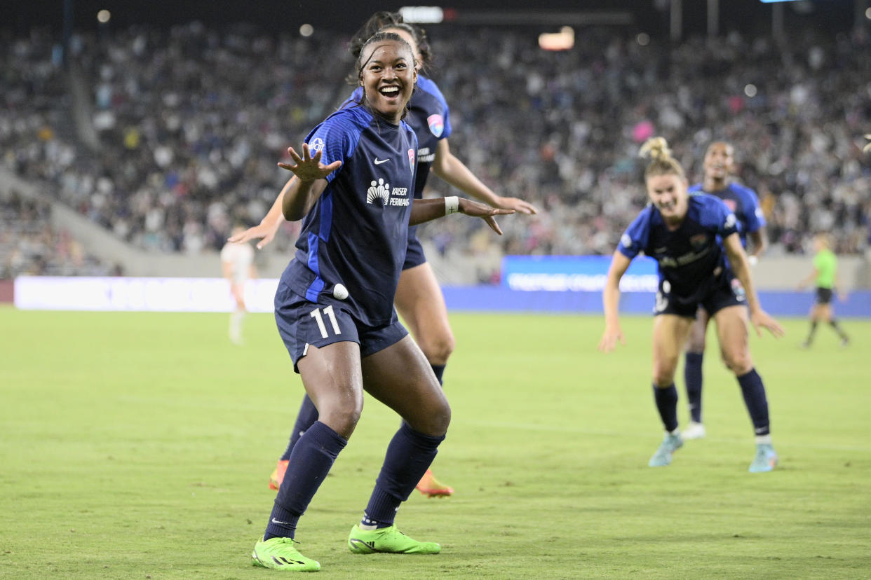 Sep 17, 2022; San Diego, California, USA; San Diego Wave FC player Jaedyn Shaw (11) celebrates her goal against Angel City FC in the first half at Snapdragon Stadium. Mandatory Credit: Kelvin Kuo-USA TODAY Sports