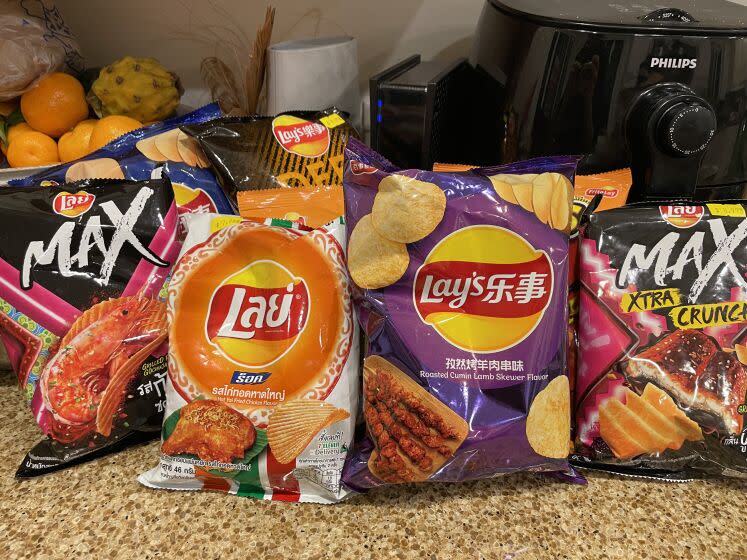 A selection of chips from different countries from Exotics Only, a snack shop in Los Angeles.