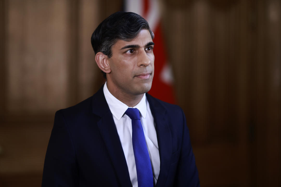 Britain's Prime Minister Rishi Sunak records a statement on the Iranian attacks on Israel overnight, inside 10 Downing Street, London, Sunday, April 14, 2024. Israel praised the success of its defenses in the face of an unprecedented attack by Iran involving hundreds of drones, ballistic missiles and cruise missiles. (Benjamin Cremel/Pool via AP)