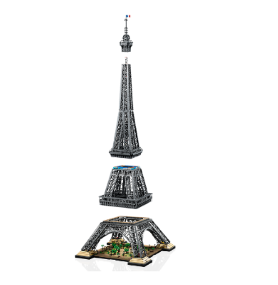 The four pieces of the LEGO Eiffel Tower build