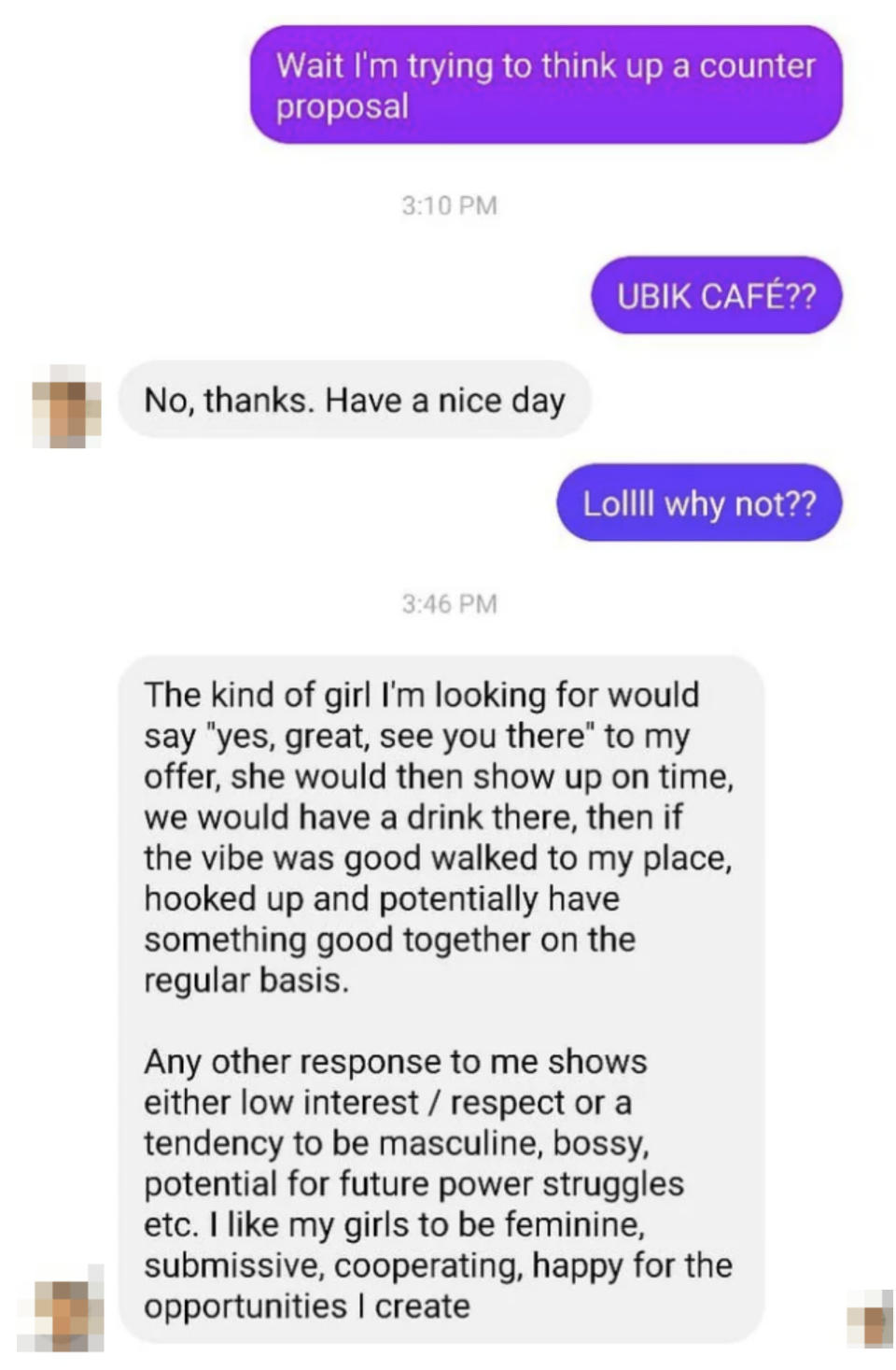 person suggests a different date spot and original date suggester cancels and says they're looking for someone more submissive