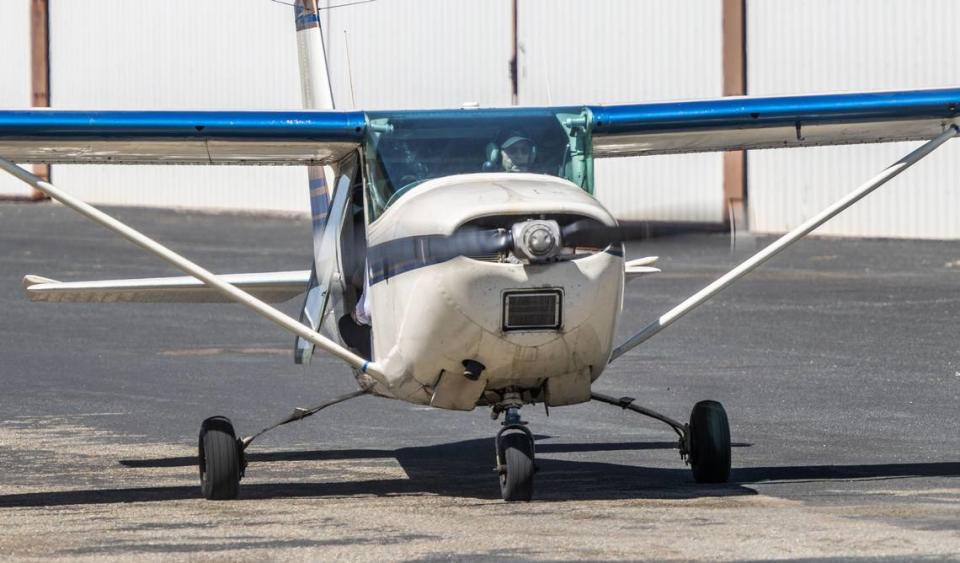 Parachute Center founder William Dause taxis a plane at the Lodi Airport in September.