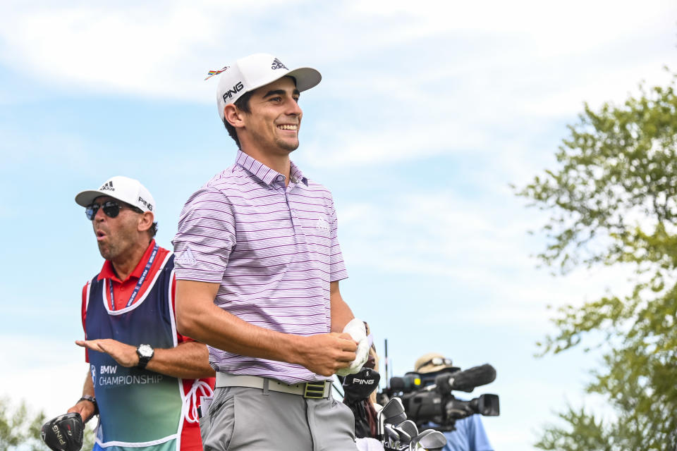 Joaquin Niemann smiles after making a birdie on the eighth hole during the final round of the BMW Championship on the North Course at Olympia Fields Country Club on August 30, 2020 in Olympia Fields, Illinois. (Photo by Keyur Khamar/PGA TOUR via Getty Images)