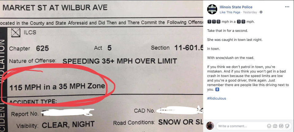 Illinois State Police posted a photo of the citation given to a woman who was caught driving 115 mph. (Photo: Illinois State Police via Facebook)