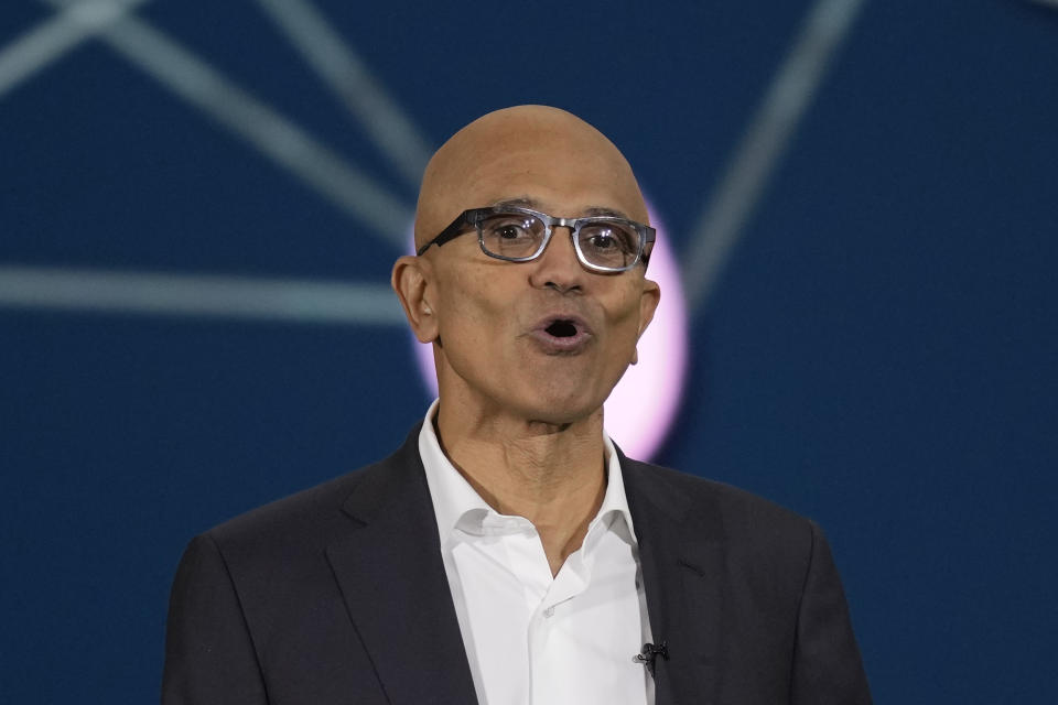 Microsoft CEO Satya Nadella speaks during an event titled "Microsoft Build: AI Day" in Jakarta, Indonesia, Tuesday, April 30, 2024. Microsoft will invest $1.7 billion over the next four years in new cloud and artificial intelligence infrastructure in Indonesia — the single largest investment in Microsoft’s 29-year history in the country, Nadella said Tuesday. (AP Photo/Dita Alangkara)