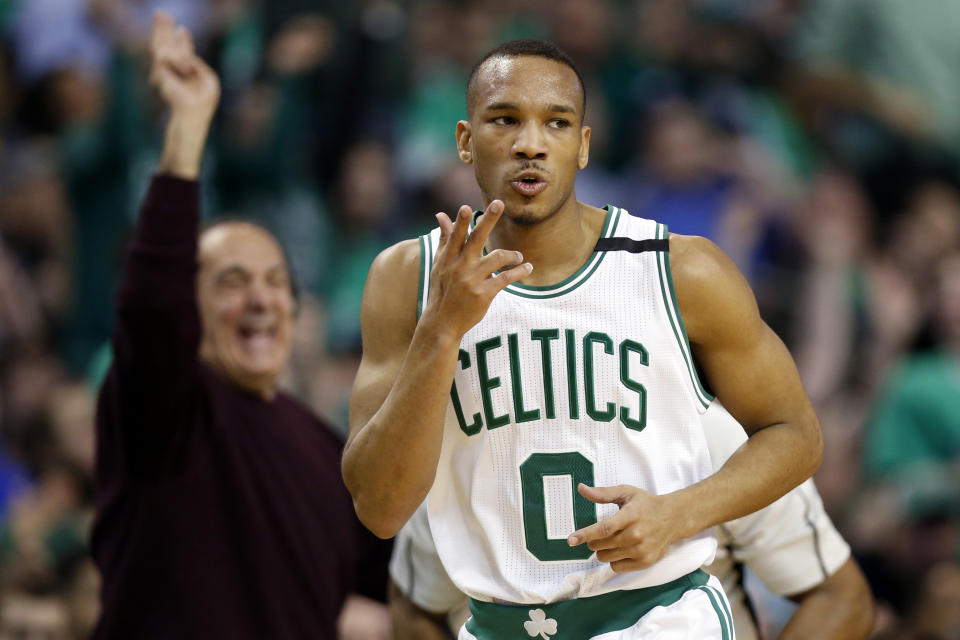 Apr 18, 2017; Boston, MA, USA; Boston Celtics guard Avery Bradley (0) reacts after making a 3-point basket during the first quarter in game two of the first round of the 2017 NBA Playoffs against the <a class="link " href="https://sports.yahoo.com/nba/teams/chicago/" data-i13n="sec:content-canvas;subsec:anchor_text;elm:context_link" data-ylk="slk:Chicago Bulls;sec:content-canvas;subsec:anchor_text;elm:context_link;itc:0">Chicago Bulls</a> at TD Garden. Credit: Greg M. Cooper-USA TODAY Sports