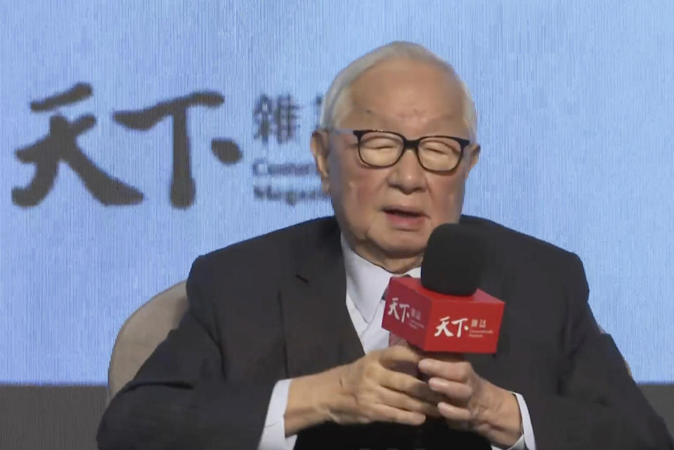 In this image made from video, former Taiwan Semiconductor Manufacturing Company (TSMC) CEO, Morris Chang, speaks during a forum in Taipei, Taiwan, Thursday, March 16, 2023. U.S. government efforts to shift production of processor chips from Asia to the United States will double their cost and slow the spread of their use in phones, cars and other products, the billionaire founder of the global industry’s biggest manufacturer warned Thursday. (AP Photo)