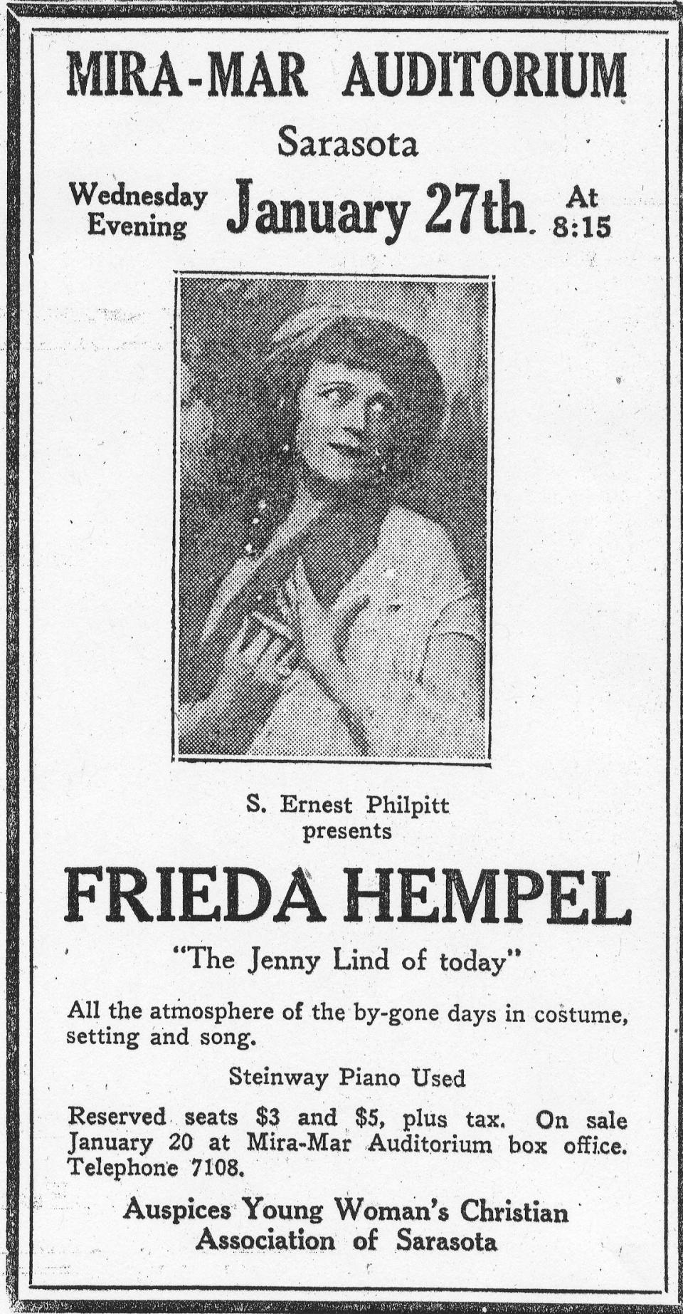 An advertisement for a performance by Frieda Hemple at the Mira Mar Auditorium in the mid-1920s.