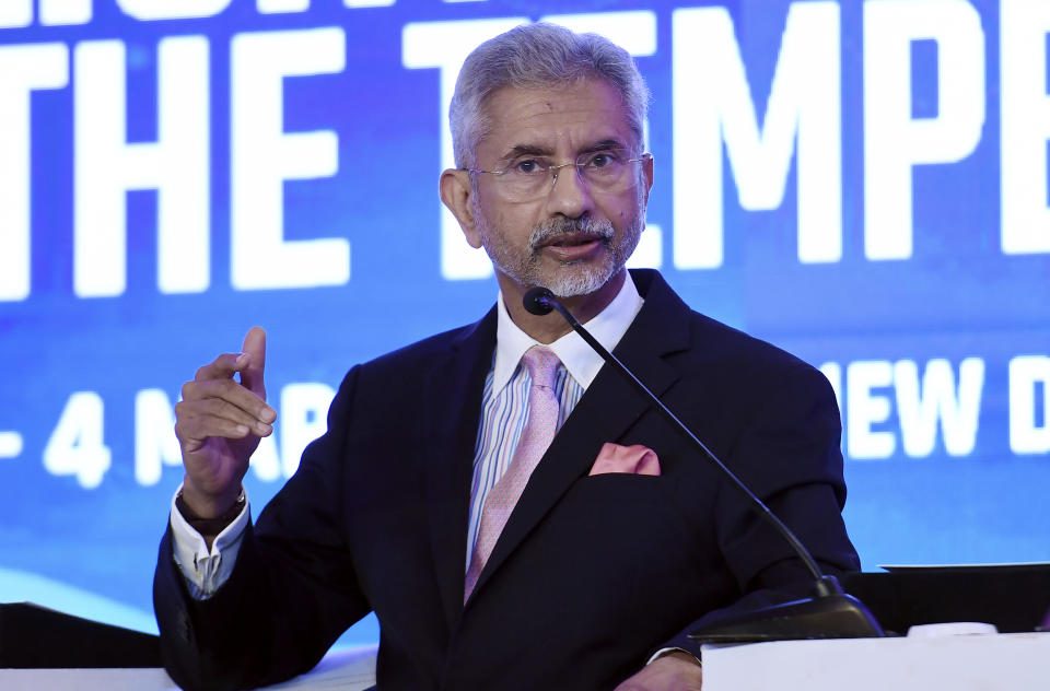 Indian Foreign Minister Subrahmanyam Jaishankar speaks during a Quad ministers' panel at the Taj Palace Hotel in New Delhi Friday, March 3, 2023. (Olivier Douliery/Pool Photo via AP)