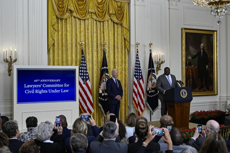 PHOTO: President and Executive Director of the Lawyers' Committee for Civil Rights Under Law Damon Hewitt speaks during the 'Lawyers' Committee for Civil Rights Under the Law 60th Anniversary' event at the White House, Aug. 28, 2023.  (Celal Gunes/Anadolu Agency via Getty Images)