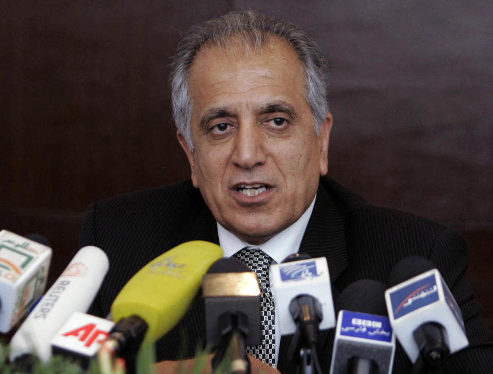FILE - In this March 13, 2009, file photo, Zalmay Khalilzad, special adviser on reconciliation, speaks during a news conference in Kabul, Afghanistan. Khalilzad said Saturday, Jan. 26, 2019, that "significant progress" was made during lengthy talks with the Taliban in Qatar and that he was traveling to Afghanistan for more discussions aimed at ending the country's destructive 17-year war. Khalilzad said on his official Twitter account that he wants to build on six days of meetings in Doha, the capital of Qatar. (AP Photo/Rafiq Maqbool, File)