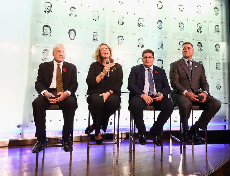 TORONTO, ON - NOVEMBER 11: (L-R) Rogatien Vachon, Kalli Quinn representing the late Pat Quinn, Sergei Makarov and Eric Lindros, take part in a Hall of Fame Induction photo opportunity at the Hockey Hall Of Fame on November 11, 2016 in Toronto, Canada. (Photo by Bruce Bennett/Getty Images)