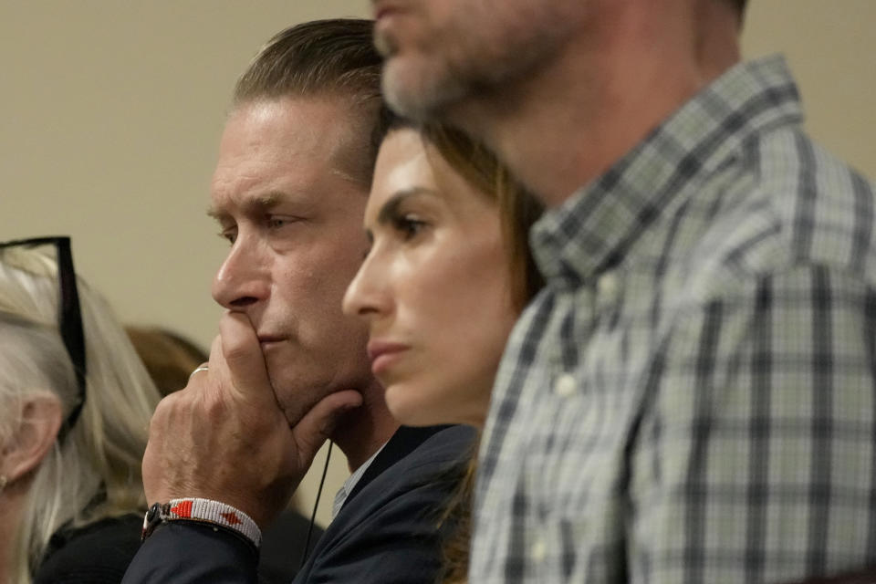 Actor Stephen Baldwin and Hilaria Baldwin, wife of Alec Baldwin, listen during actor Alec Baldwin's involuntary manslaughter trial over a fatal shooting on the set of the film, "Rust," in District Court, in Santa Fe, N.M., Wednesday, July 10, 2024. (AP Photo/Ross D. Franklin, Pool)