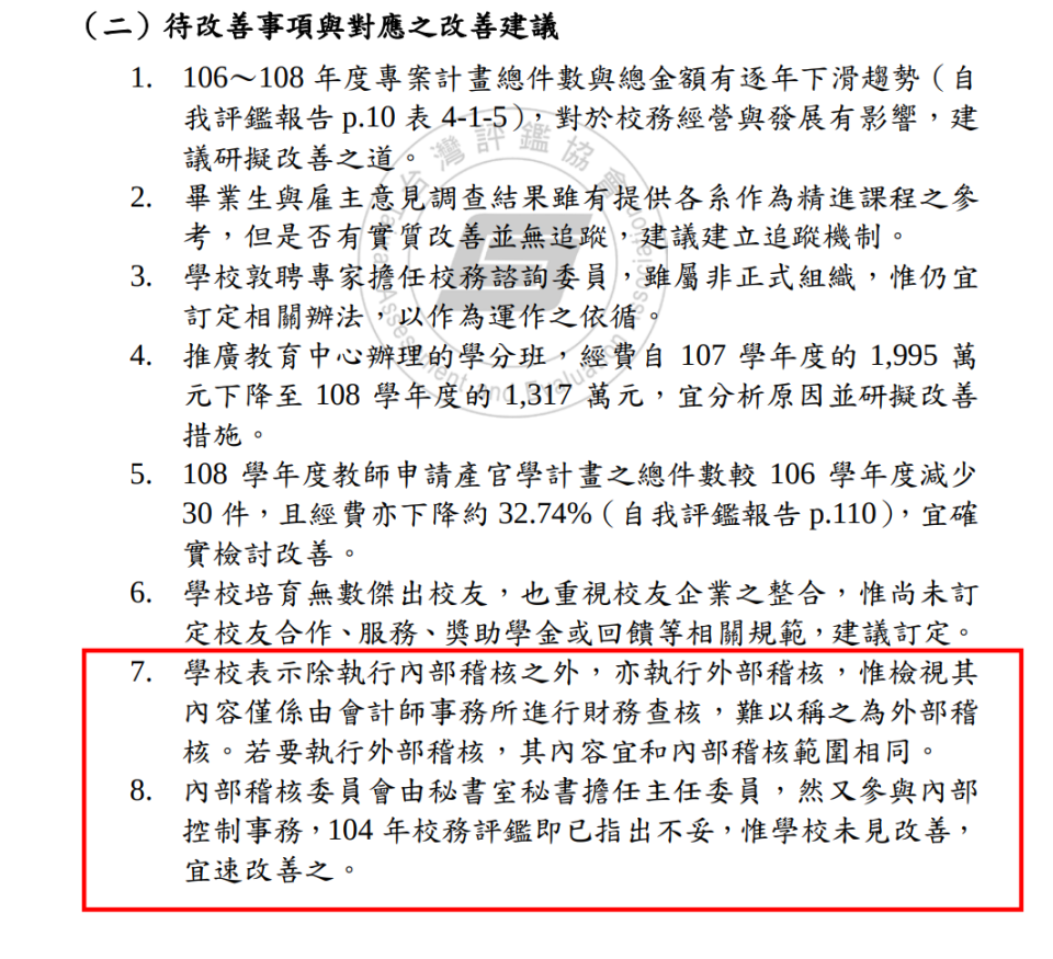 評鑑委員表示，學校任用「自己人」擔任內部稽核委員會主委，又參與內部控制事務，等於球員兼裁判。（讀者提供）