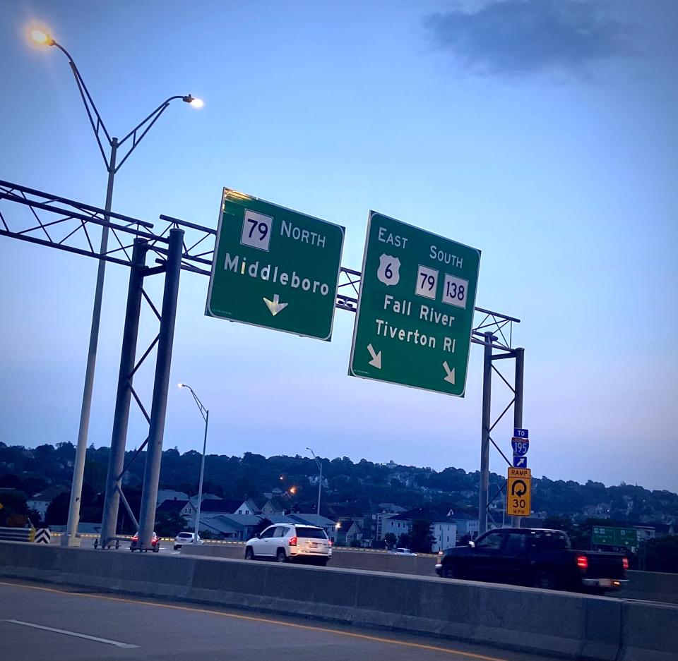 Vehicles are seen here in the early evening entering the southbound off ramp on the Fall River side of Veterans Memorial Bridge.