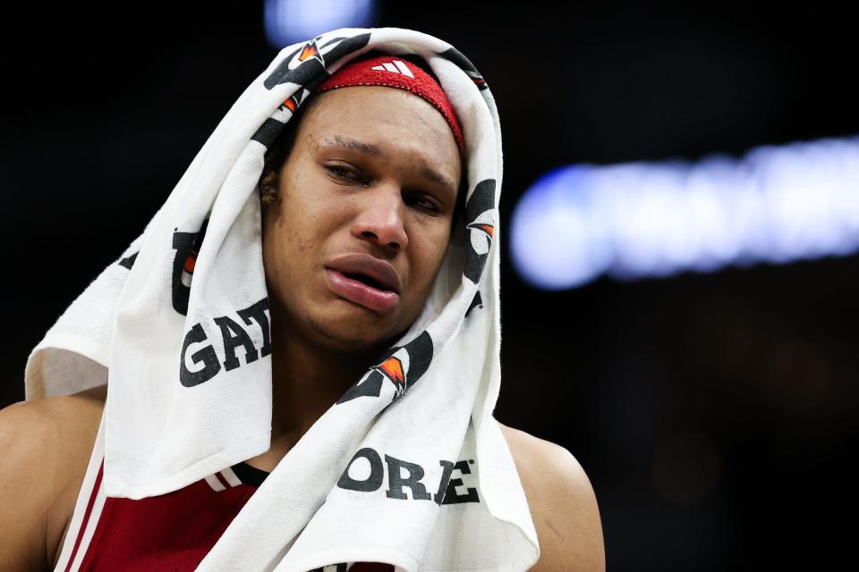 Mar 15, 2024; Minneapolis, MN, USA; Indiana Hoosiers forward Malik Reneau (5) reacts during the second half against the Nebraska Cornhuskers at Target Center. Mandatory Credit: Matt Krohn-USA TODAY Sports