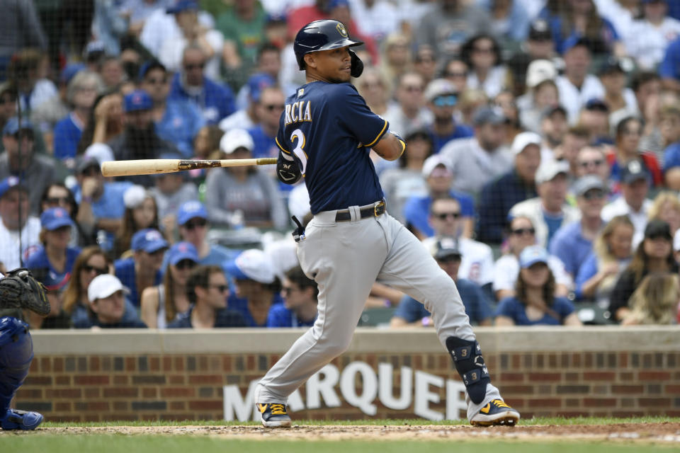 Milwaukee Brewers' Orlando Arcia watches his RBI ground ball during the fourth inning of a baseball game against the Chicago Cubs Sunday, Sept. 1, 2019, in Chicago. (AP Photo/Paul Beaty)