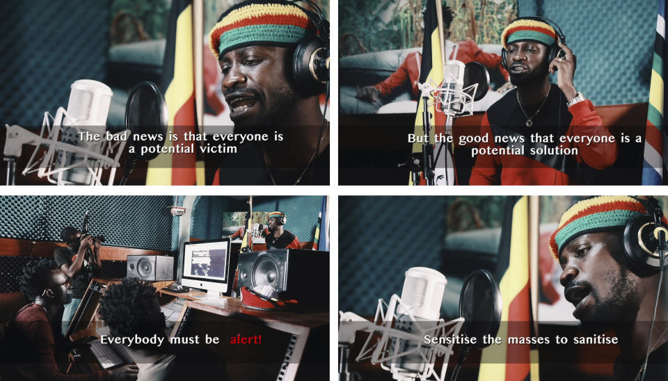 This compilation image made from video frames from the latest music video of Bobi Wine, whose real name is Kyagulanyi Ssentamu, shows the singer recording an informational music video educating the public about the dangers of the new coronavirus and the precautionary measures they should take to fight its spread. Wine, who released a song in March 2020 urging Africa's people to wash their hands to stop the spread of the new coronavirus, is criticizing African governments for not maintaining better health care systems for the continent's 1.3 billion people while investing in weapons and "curtailing the voices of the people". (Bobi Wine via AP)