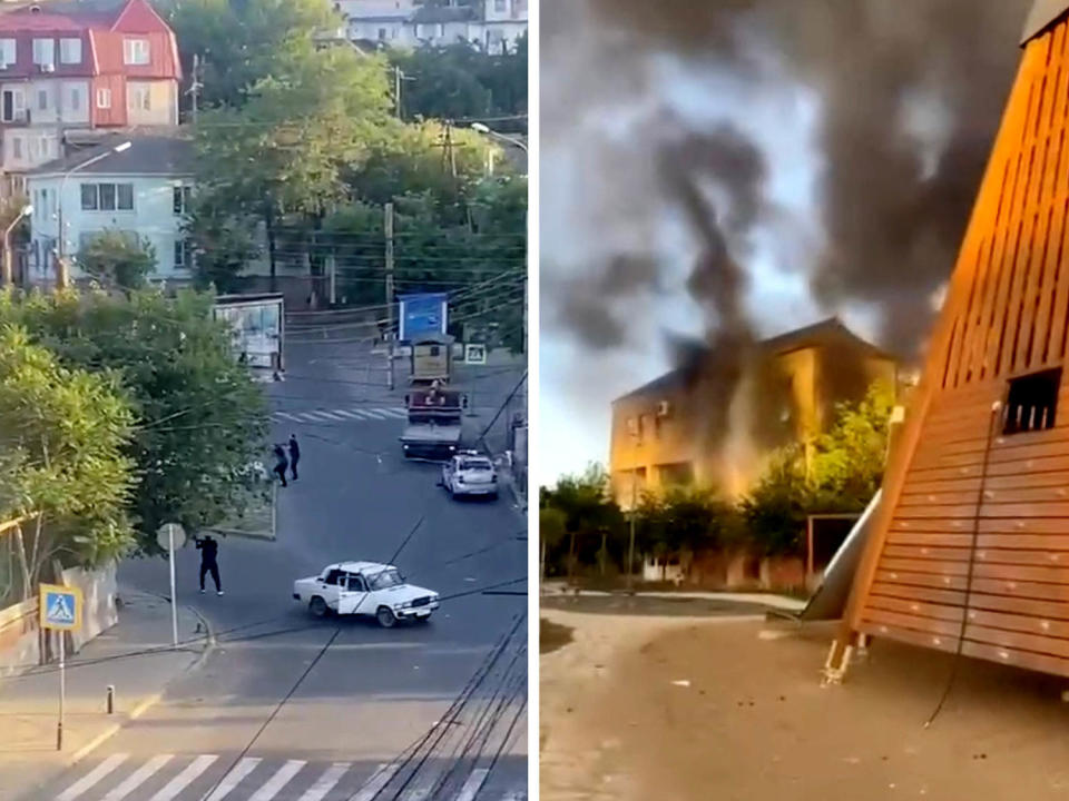 The street in Makhachkala in southern Russia and plumes of smoke rising from a building in Derbent, Russia, on Monday. (Reuters)