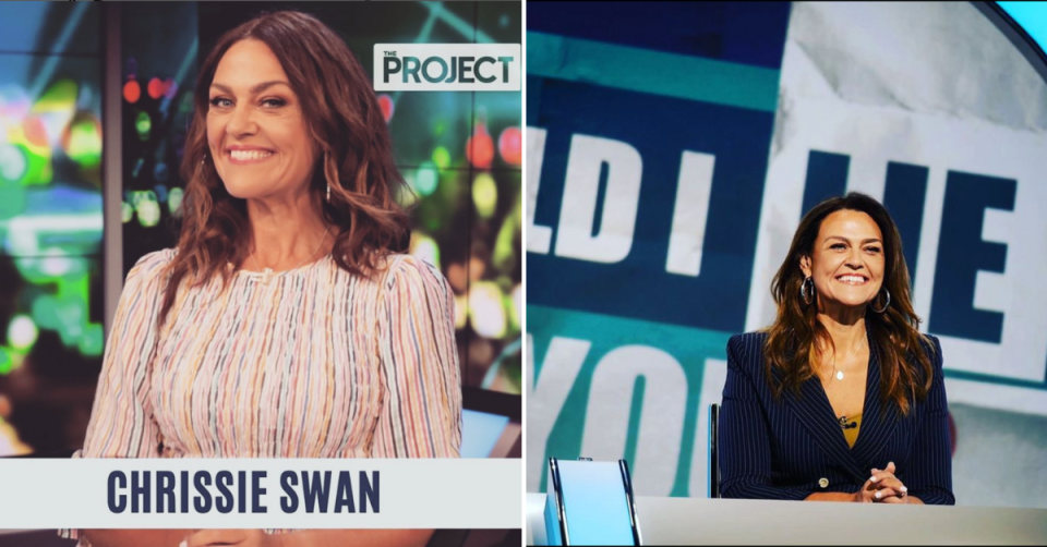 Promo shots of a smiling Chrissie Swan from her latest shows include The Project and Would I Lie To You