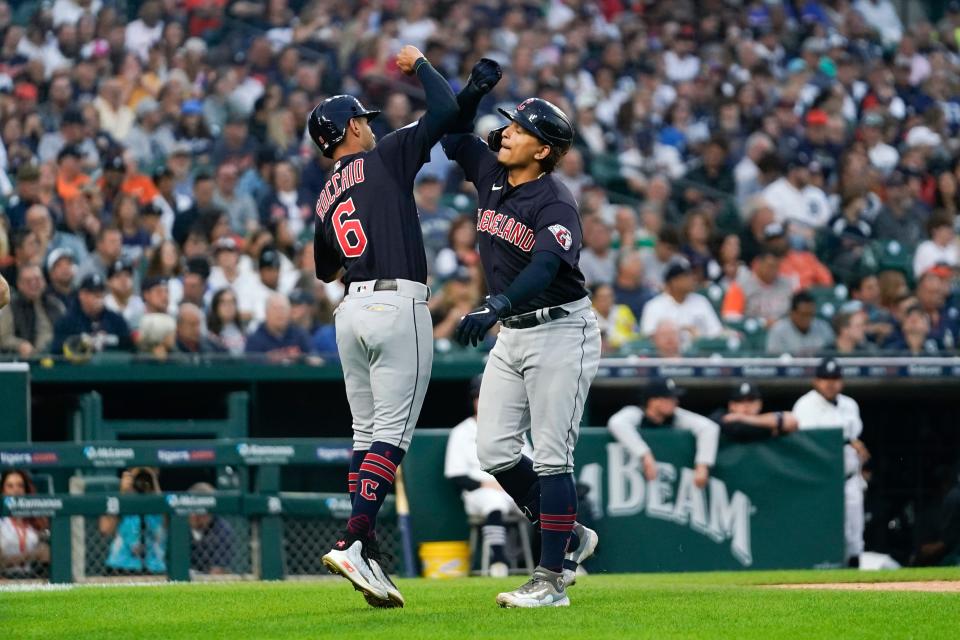 Cleveland Guardians' Josh Naylor, right, celebrates his two-run home run with Brayan Rocchio (6) against the Detroit Tigers on Sept. 29, 2023, in Detroit.