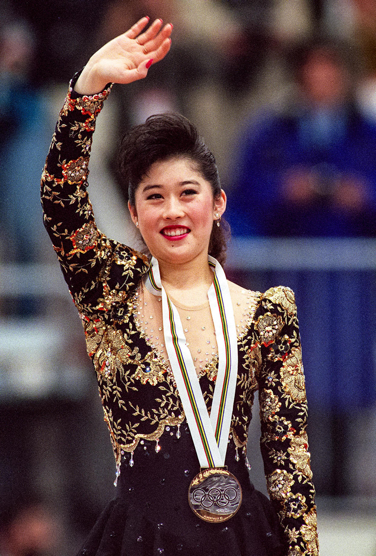 Image: Kristi Yamaguchi from the United States smiles as (Eric Feferberg / AFP via Getty Images file)