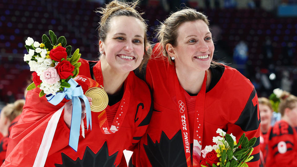 Team Canada's Marie-Philip Poulin and Laura Stacey have more to celebrate following the announcement of their engagement. (Photo by Elsa/Getty Images)