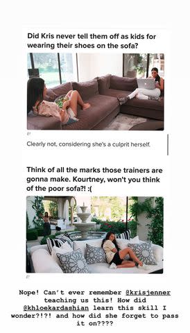 <p>Kim Kardashian/Instagram</p> Kim Kardashian explaining shoes on the couch
