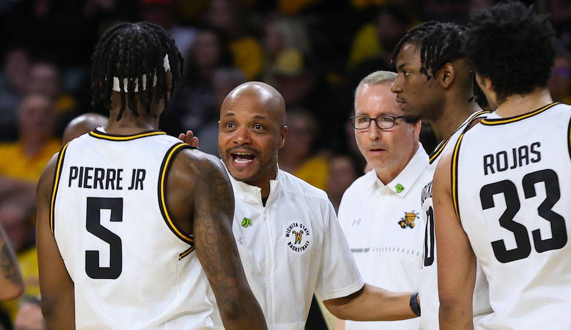 Wichita State men’s basketball coach Isaac Brown instructs his players during a timeout this season. The Shockers have struggled mightily with turnovers lately entering Thursday’s road game at Temple.