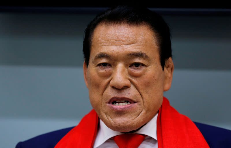 FILE PHOTO: Japanese politician and former wrestling star Inoki attends a news conference after his visit to Pyongyang, as he arrives at Haneda international airport in Tokyo