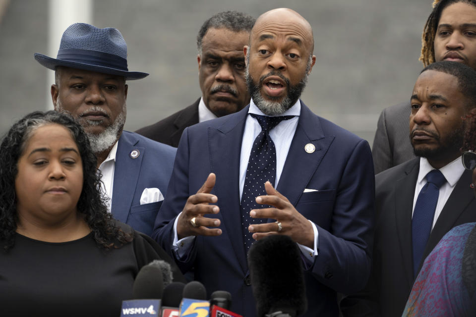 State Rep. Harold Love, Jr., D-Nashville, of the Tennessee Black Caucus of State Legislators responds to questions during a press conference outside the state Capitol, Friday, April 7, 2023, in Nashville, Tenn. the day after two of its members were expelled from the state's House of Representatives. (AP Photo/George Walker IV)