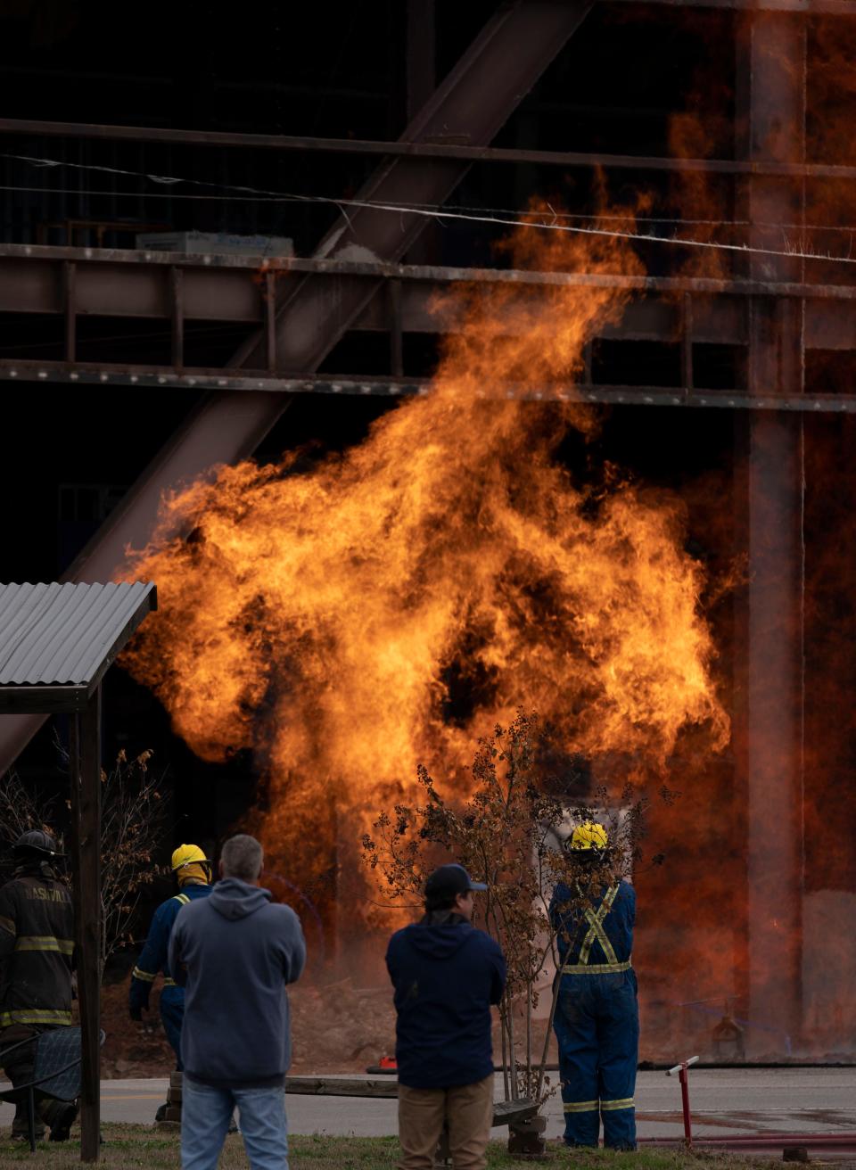 A ruptured natural gas line sparked a fire that injured a construction worker Friday, officials said.