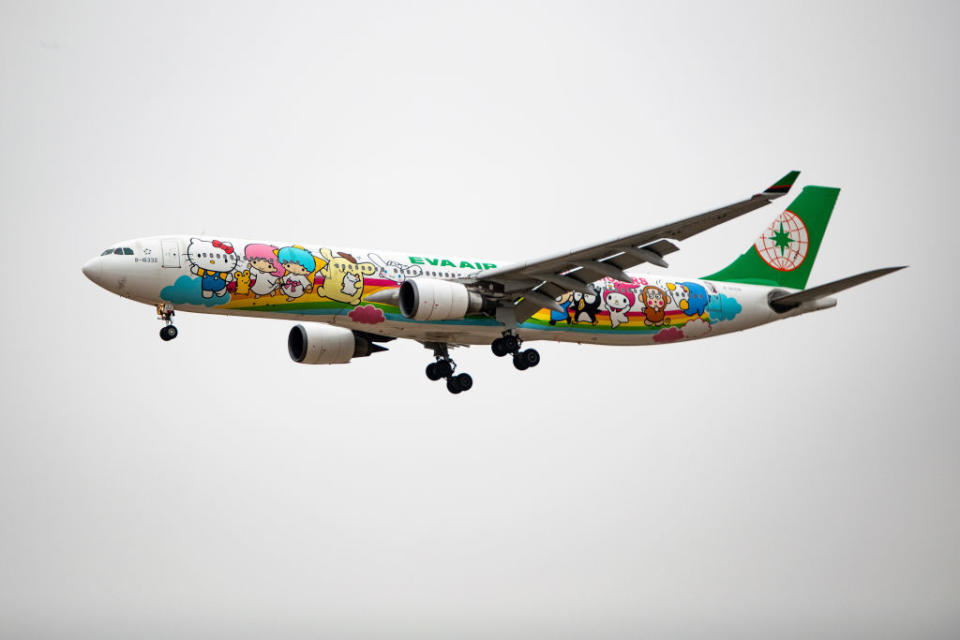 An Eva Air plane featuring Hello Kitty and Sanrio characters takes off from Beijing Capital International Airport on February 20, 2024. Chen Boyuan—VCG/Getty Images<span class="copyright">VCG via Getty Images—2024 VCG</span>
