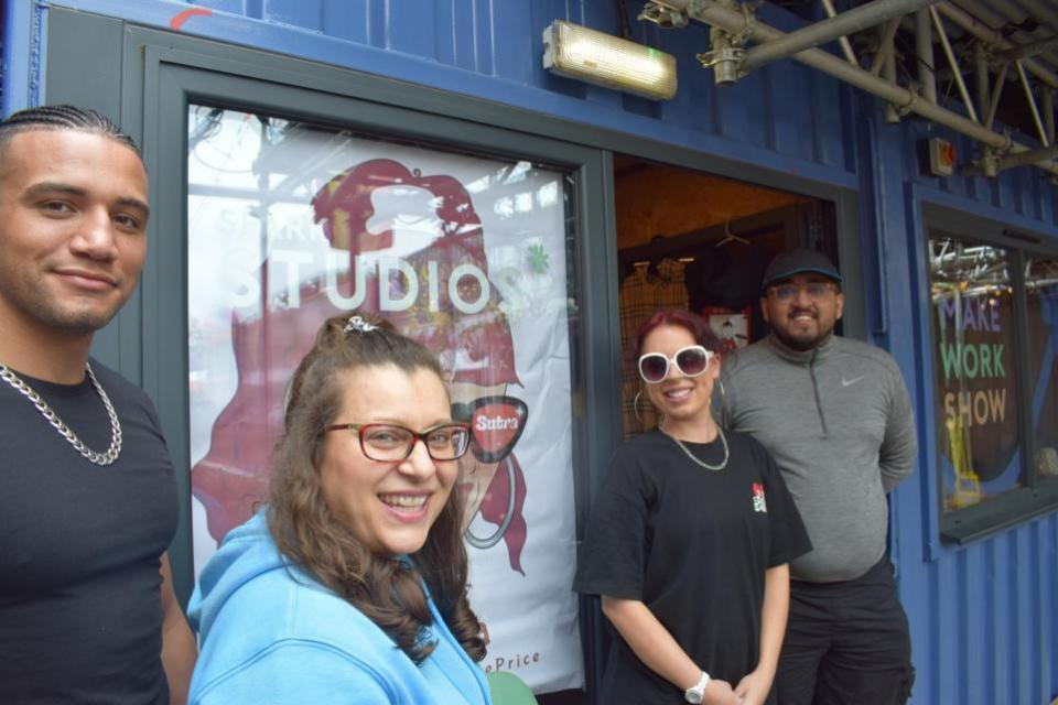 York Press: Garba Sutra owner Christina Alexandra (in sunglasses) with her mum Melanie Higgins and family friends Youssef and Vikram outside their Spark:York pop-up