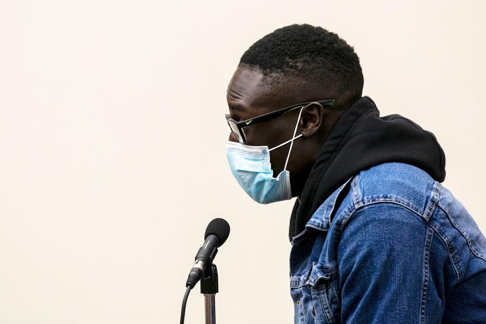 Mohamed Traore speaks during public comment at an Iowa City Community School District board of directors meeting, Tuesday, Nov. 23, 2021, at the district's Educational Services Center (ESC) at 1725 North Dodge Street in Iowa City, Iowa.