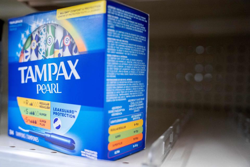 A box of Tampax Pearl tampons are seen on a shelf at a store in Washington, DC, on June 14, 2022. - Tampons have reportedly been in short supply in stores across the United States due to global supply chain issues, according to US media. (Photo by Stefani Reynolds / AFP) (Photo by STEFANI REYNOLDS/AFP via Getty Images)