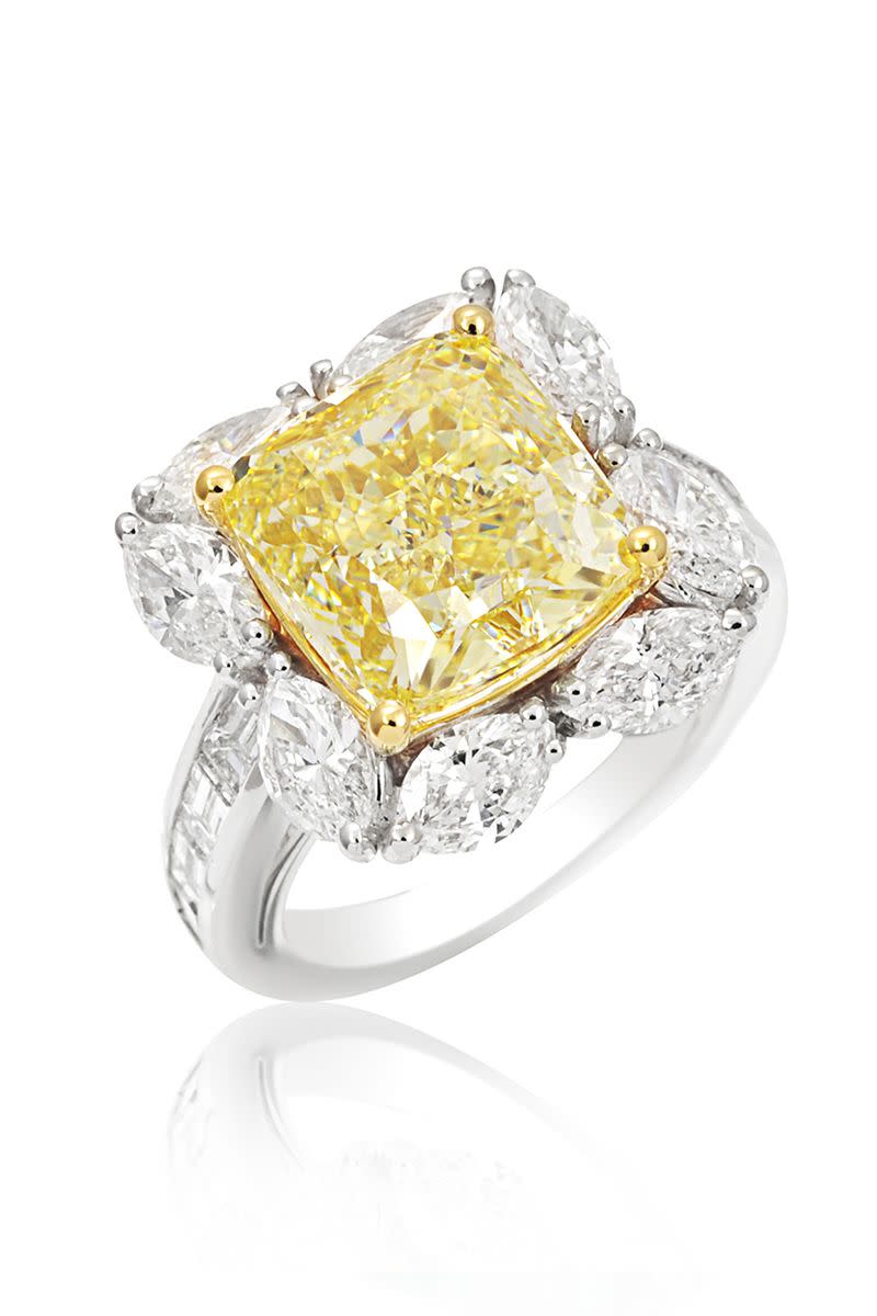 <p><em><strong>PICCHIOTTI</strong> Engagement Ring with a cushion cut fancy yellow diamond surrounded by marquise diamonds and diamond baguettes in 18K white and yellow gold, $306,000, <a href="http://www.leedsandson.com" rel="nofollow noopener" target="_blank" data-ylk="slk:leedsandson.com;elm:context_link;itc:0;sec:content-canvas" class="link ">leedsandson.com</a>.</em></p><p><a class="link " href="http://www.leedsandson.com" rel="nofollow noopener" target="_blank" data-ylk="slk:SHOP;elm:context_link;itc:0;sec:content-canvas">SHOP</a></p>